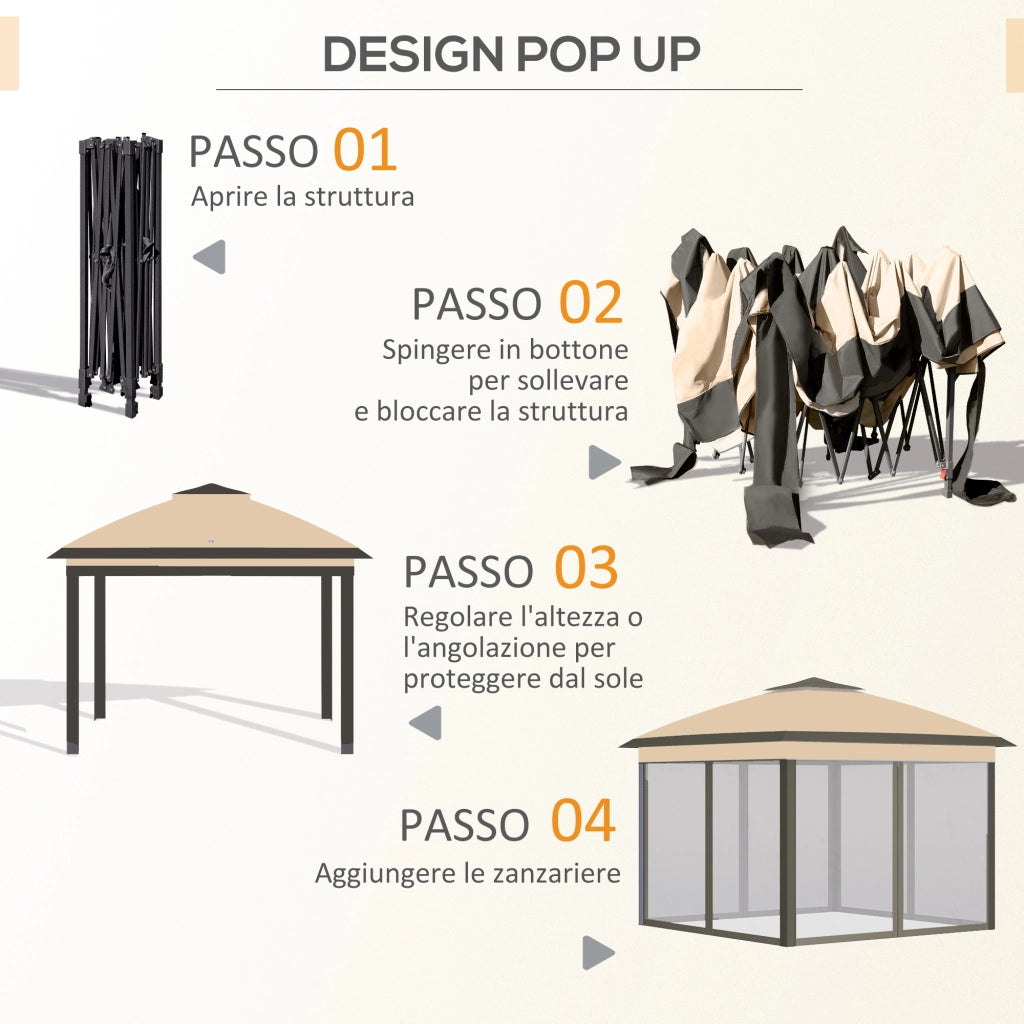 Gazebo Pieghevole 3.3x3.3 m con Zanzariera. Doppio Tettuccio e Borsa da Trasporto. Beige