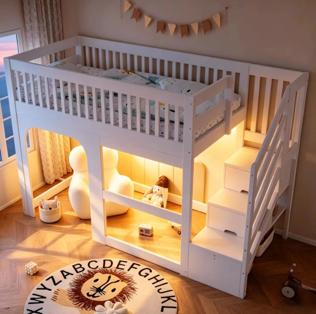 Letto a soppalco multifunzione per bambini 90 x 200 cm con scala contenitore e LED; bianco