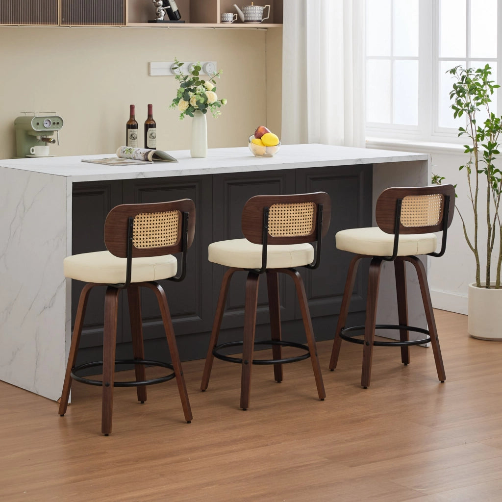 Set 3 Sgabelli da Bar ¨C MINIMAL ¨C Rattan, Seduta Imbottita, Girevoli, Noce/Beige, 26''