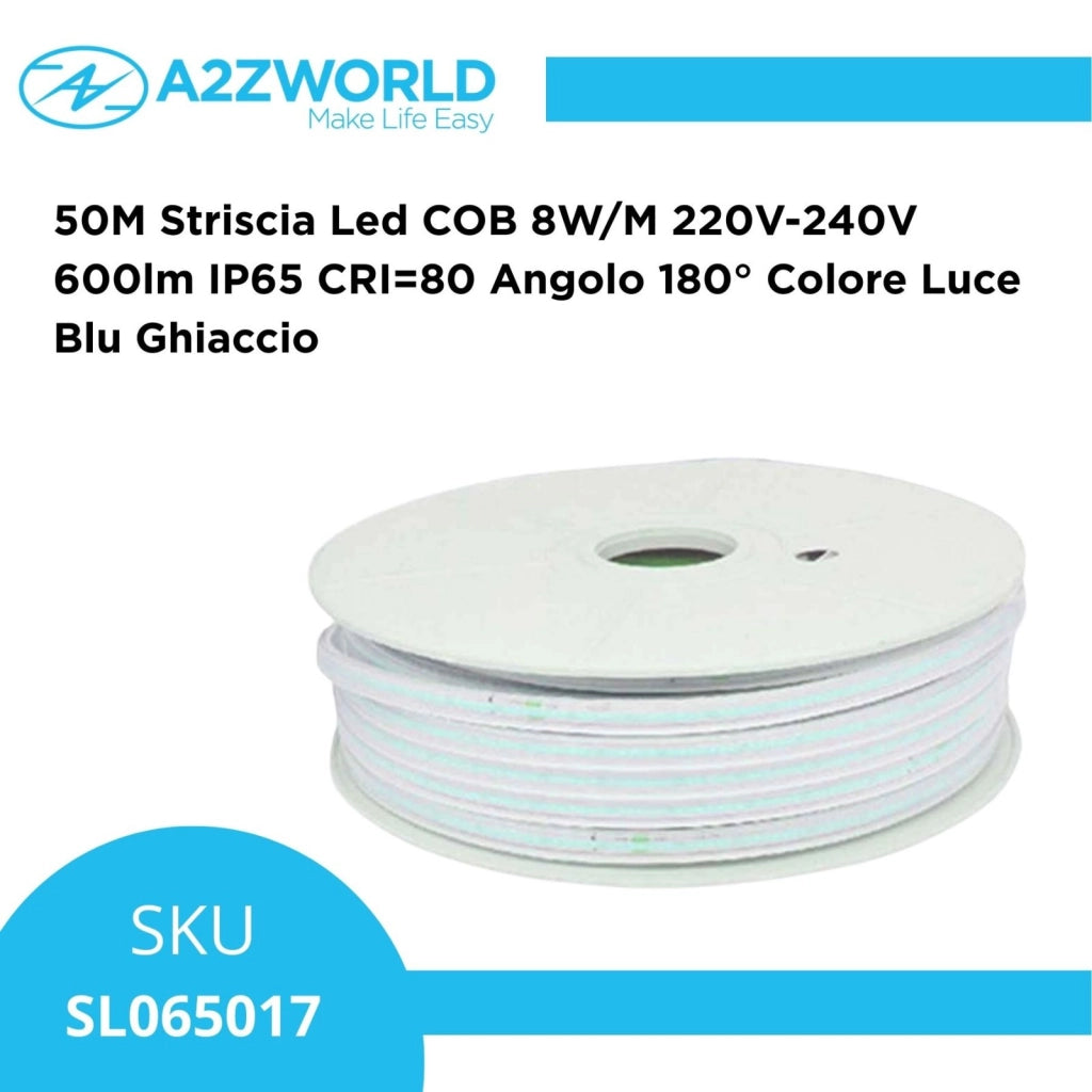 50M Striscia Led COB 8W/M 220V-240V 600lm IP65 CRI=80 Angolo 180° Colore Luce Blu Ghiaccio