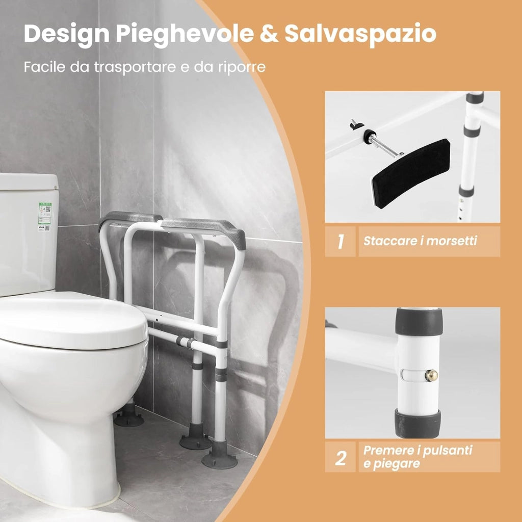 Supporto di Sicurezza Telaio Autonomo per WC, Supporto per WC Regolabile in Altezza e Larghezza con Cinghia di Fissaggio, Con Ventose Antiscivolo (Grigio)