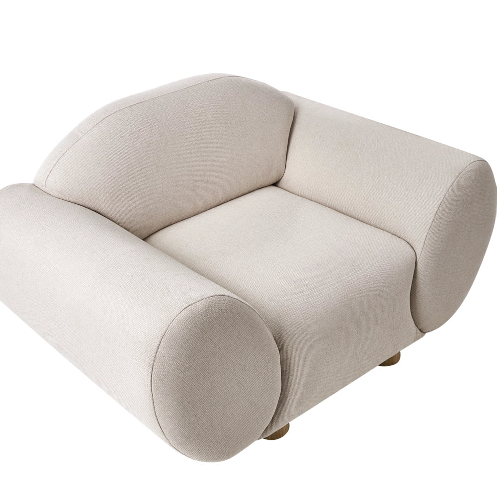 Poltrona imbottita moderna per appartamento Gambe in legno di gomma Schienale imbottito in tessuto intrecciato Beige chiaro