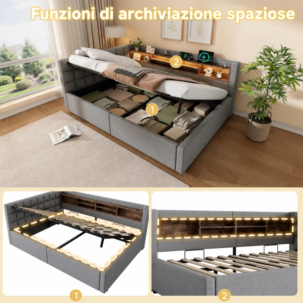 Letto contenitore 140x200 cm con LED dimmerabile; mensole e USB; lino e MDF; beige