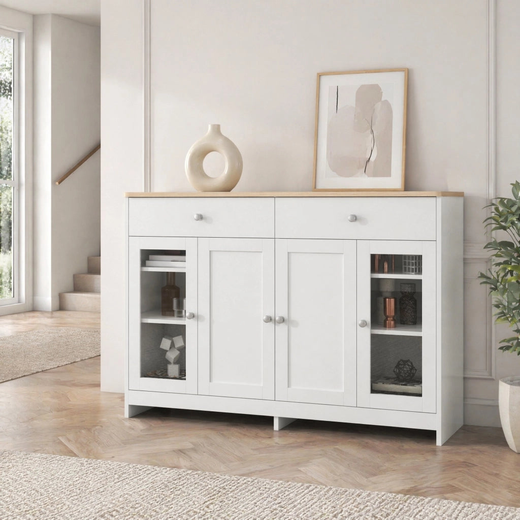 Credenza con 4 ante e 2 cassetti, ripiani regolabili, in MDF legno e bianco per cucina e soggiorno, 120 × 37 × 80 cm