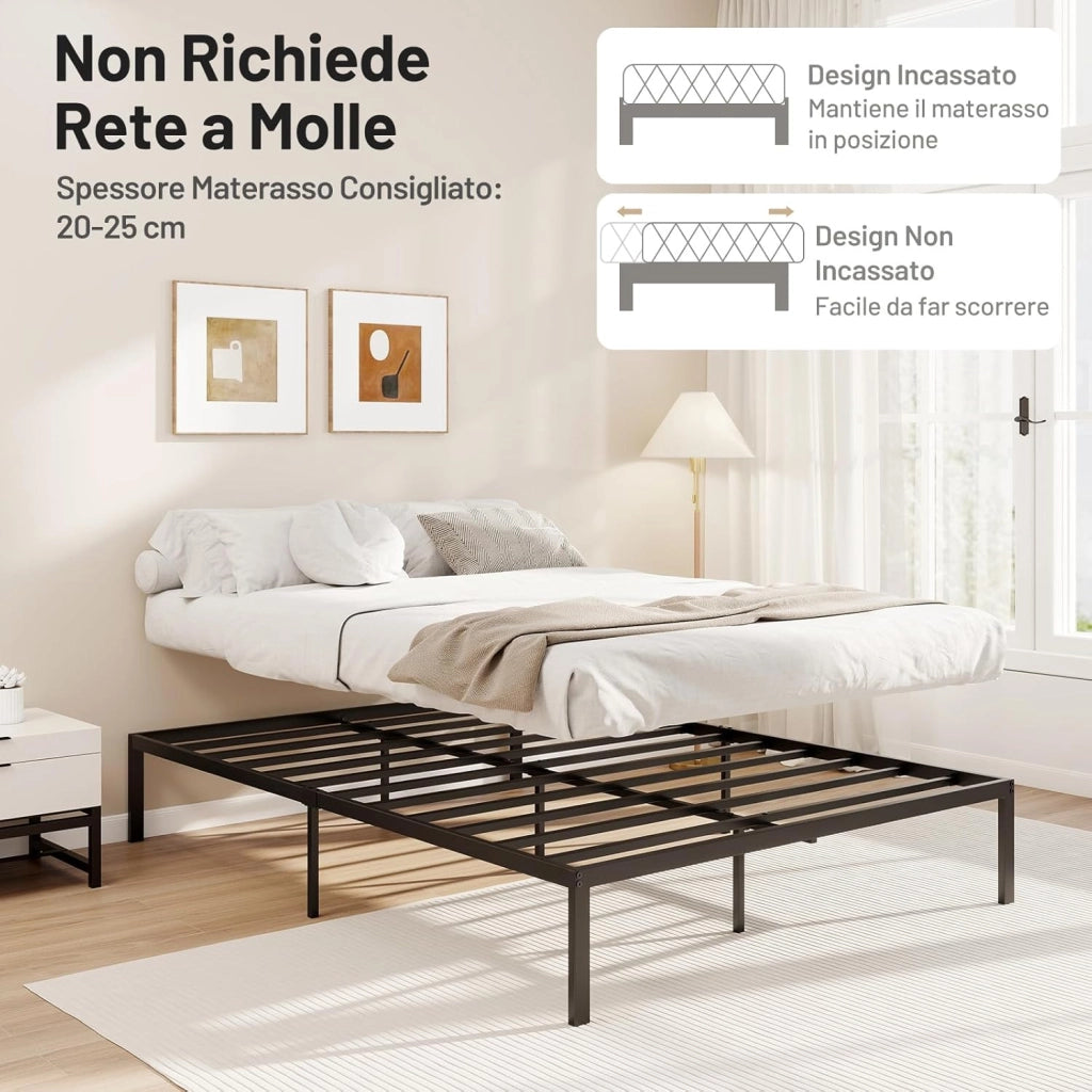 Struttura Letto 200x140cm, Letto Matrimoniale in Metallo con Doghe Resistenti, Spazio Sottostante per Conservazione, Non Serve Rete a Doghe, Silenzioso