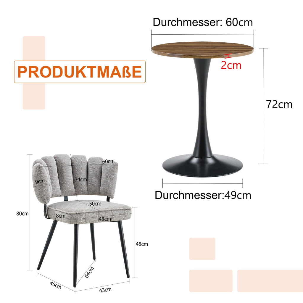 Set Tavolo Rotondo e Sedie da Pranzo ¨C Xylo ¨C Piano MDF, Gambe Metallo Nero, Tessuto Grigio