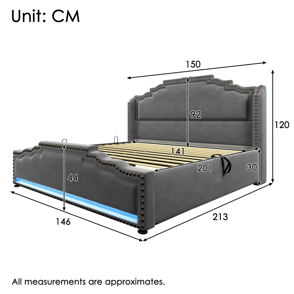 Letto Imbottito Contenitore 140x200 con LED ¨C MINIMAL ¨C Velluto Grigio, Idraulico, Rete a Doghe