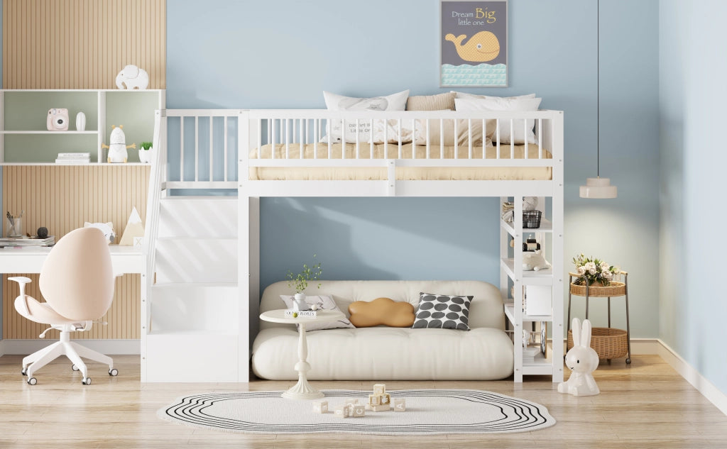 Letto a castello bianco con funzione contenitiva in legno massello 90x200 cm