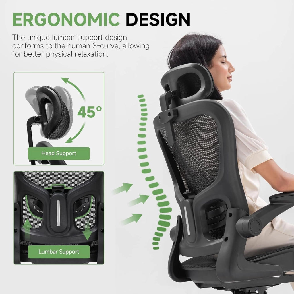 Sedia da ufficio ergonomica, da scrivania con poggiatesta regolabile, braccioli, supporto lombare, sedia da ufficio e da gioco, sedia direzionale in rete, 150 kg (nero)