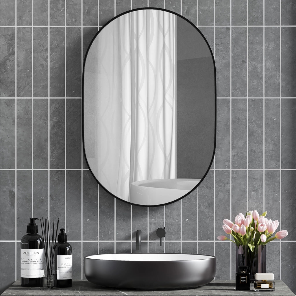 Specchio Bagno Ovale con Cornice Alluminio ¨C Zephmum ¨C 60x90 cm Nero