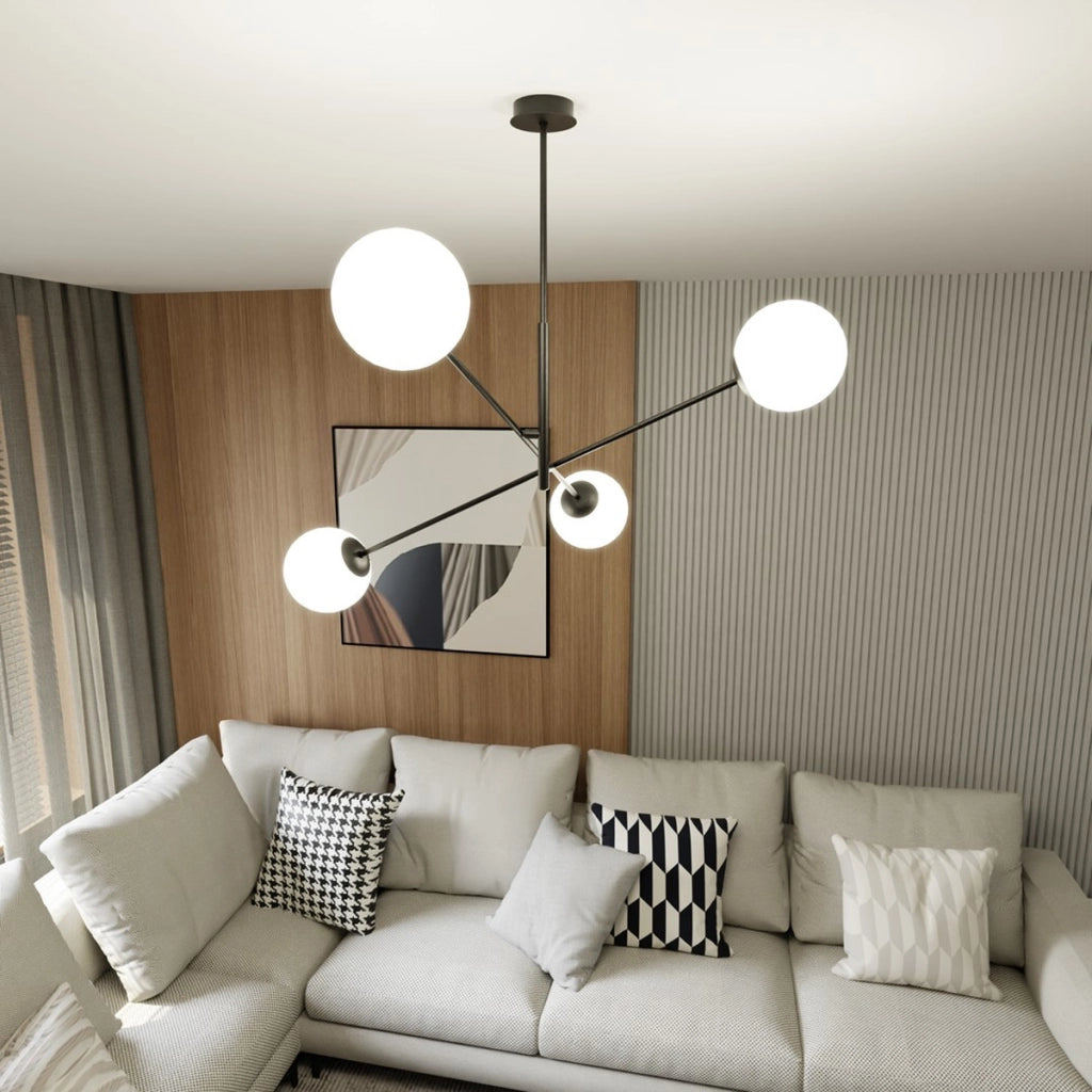 Lampada a sospensione LINEAR in acciaio nero e vetro opalino