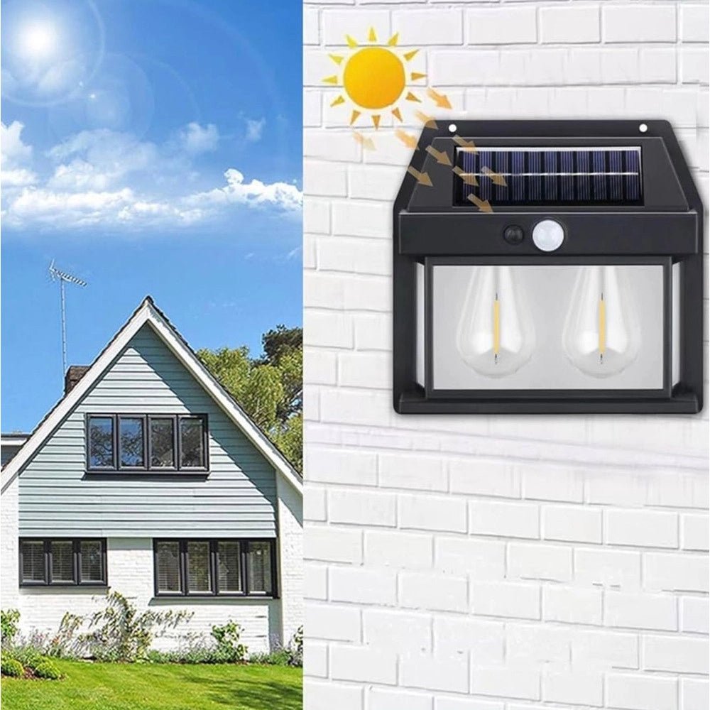 Trade Shop - Lampada Da Parete A Luce Calda Pannello Solare A Doppio Led Con Sensore Ip65 Senza Fili -