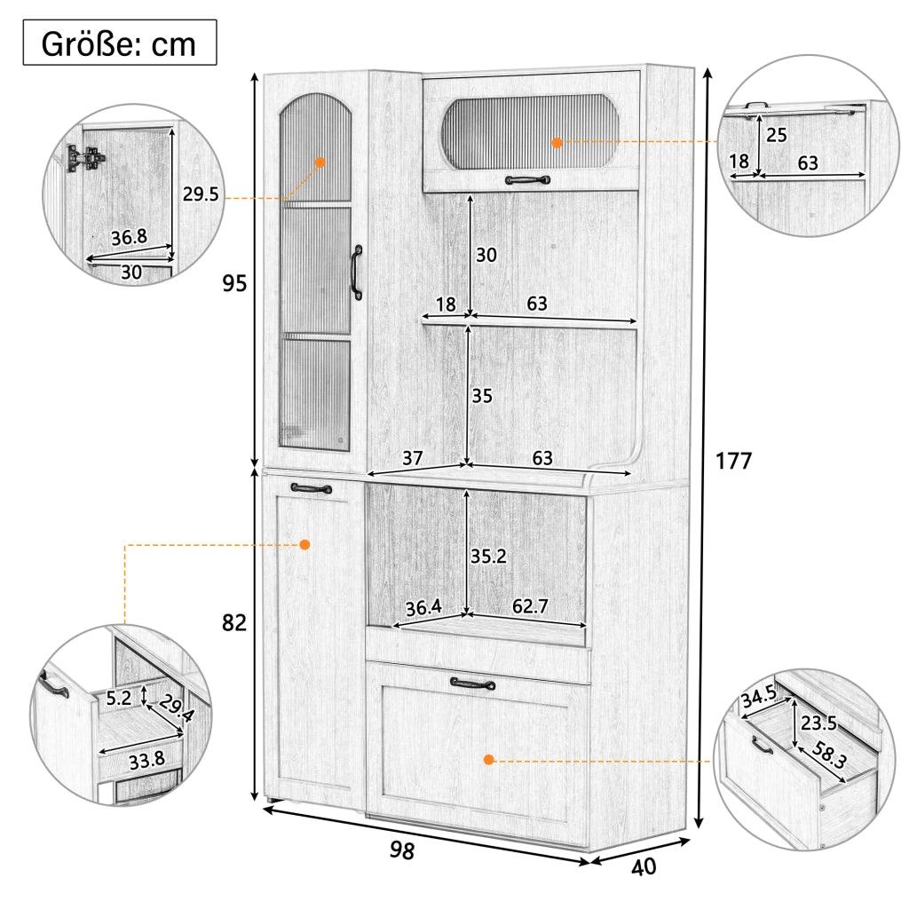 Credenza alta in MDF con ripiani regolabili, cassetto e vetro zigrinato per cucina soggiorno e sala da pranzo bianco