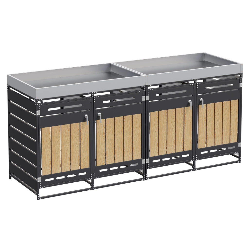 Mobile contenitore da esterno con 4 vani e fioriera integrata con serrature per giardino in ferro 262×79×120 cm nero