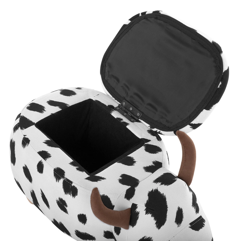 Sgabello per bambini Animale Mucca con contenitore Poggiapiedi per bambini in finta pelle nera e bianca con gambe in legno