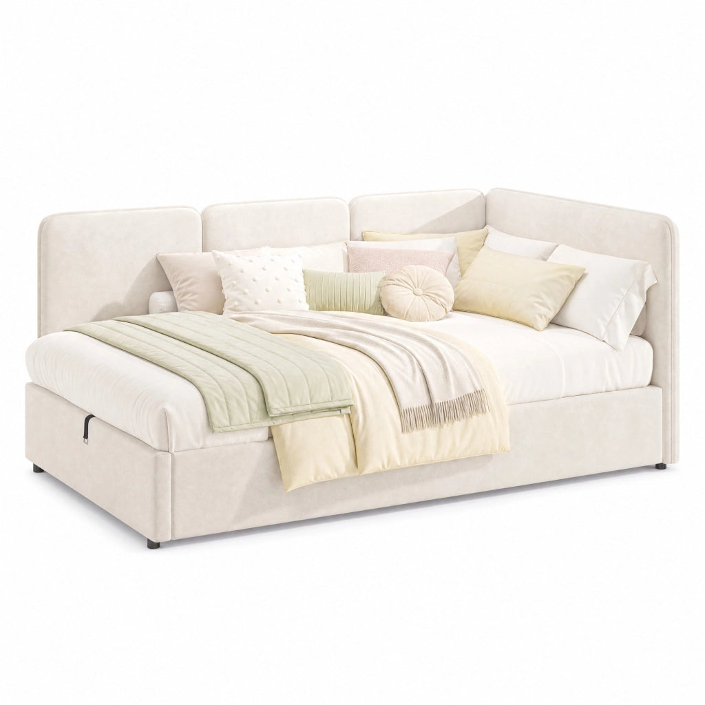 Letto daybed 90x200 cm in velluto beige con contenitore idraulico, testiera imbottita e montaggio reversibile