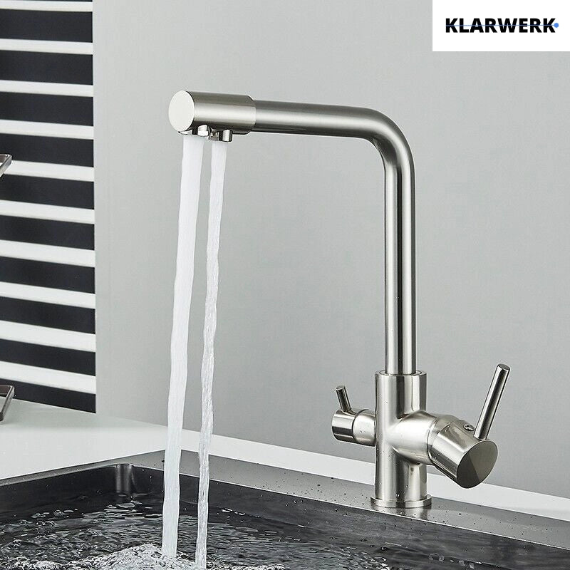 Felice | Rubinetto per acqua potabile a 3 vie in argento spazzolato premium|Miscelatore cucina ad osmosi in acciaio inossidabile|Filtra 3 connessioni