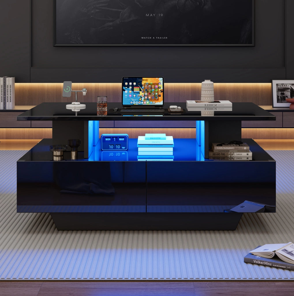 Tavolino da caffè moderno lucido con LED e 2 cassetti 90x55x41 cm; nero