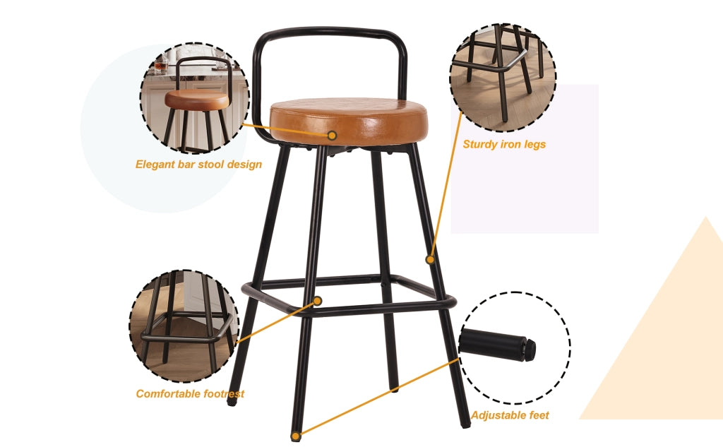 Sgabello da bar con schienale ergonomico, seduta imbottita in PU idrorepellente e gambe in ferro marrone