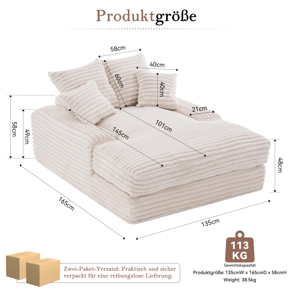 Chaise longue 135x165 cm beige in velluto a coste; 4 cuscini lavabili