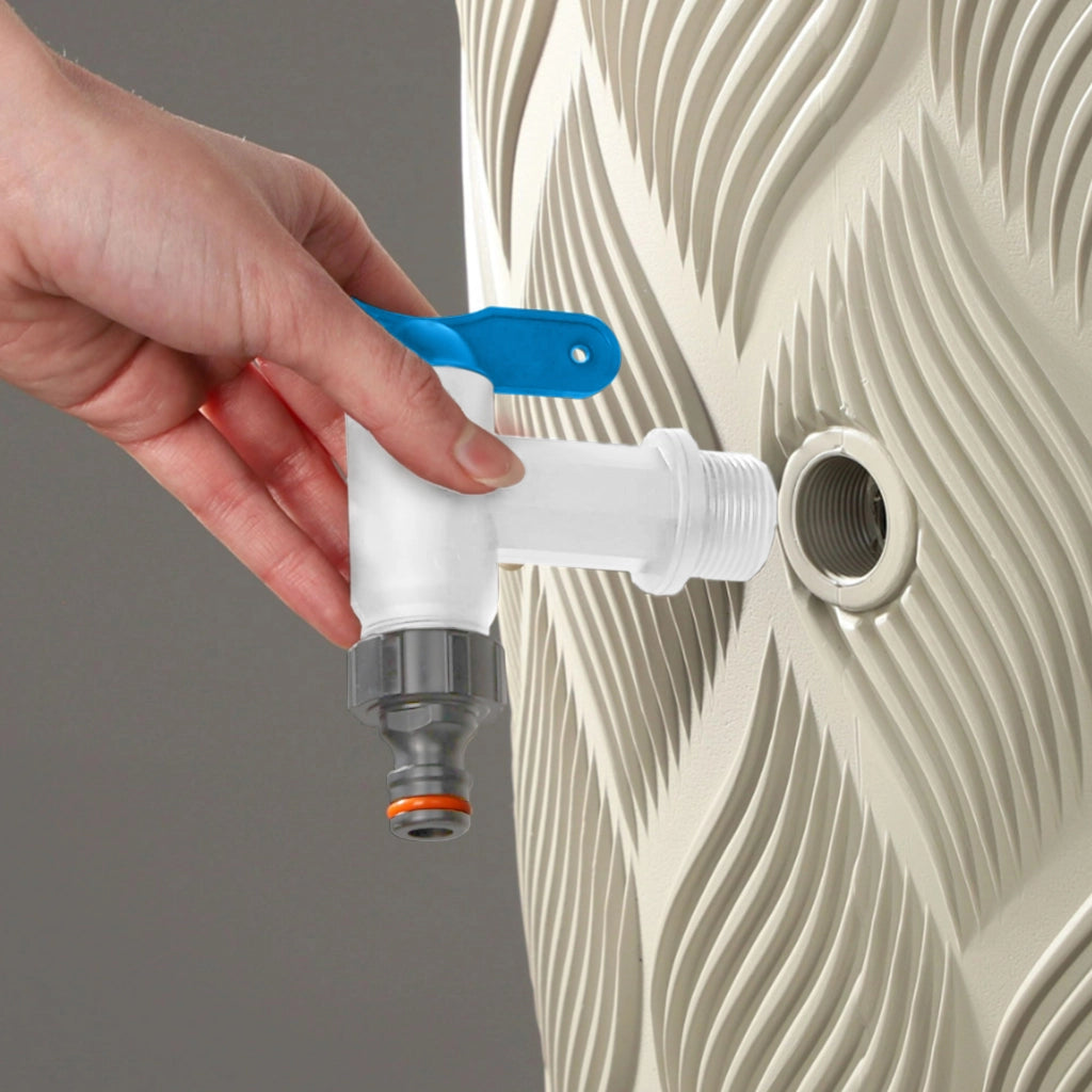 Rubinetto da giardino KADAX con valvola a nipplo da 3/4 per serbatoio dell'acqua piovana, tubo flessibile e cilindro.