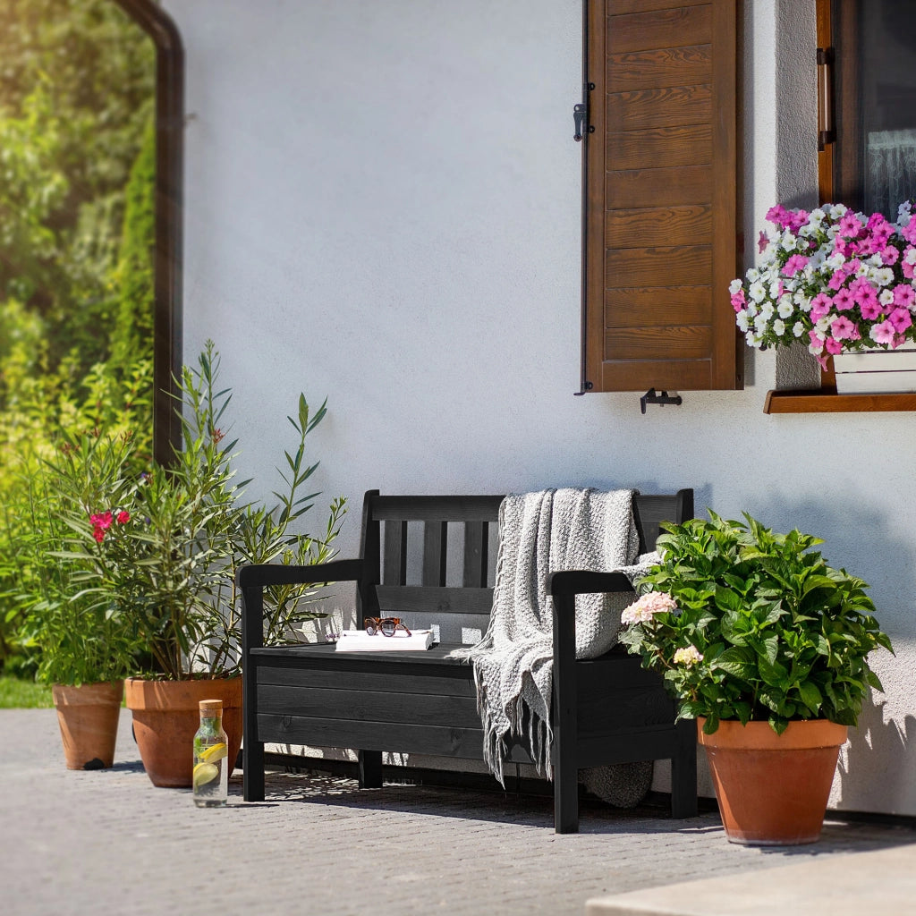 Panchina da giardino in legno KADAX con schienale, 120 cm, con contenitore, per terrazzo o balcone, colore antracite.