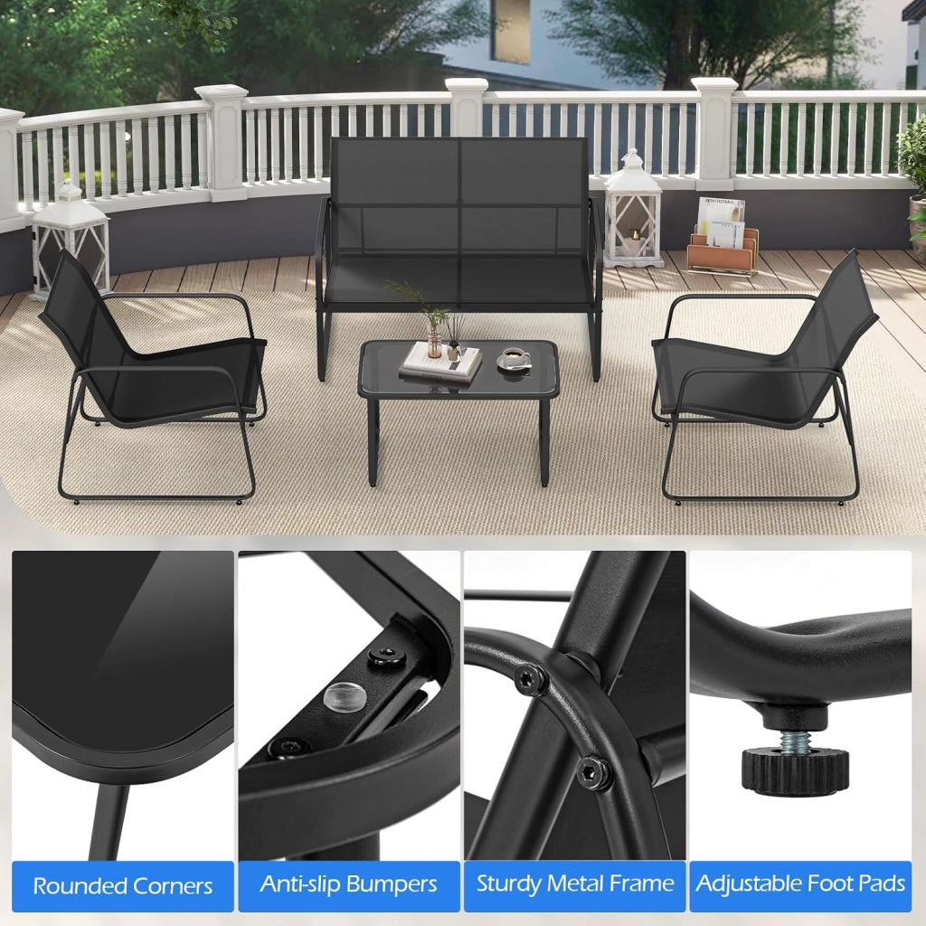 Set di mobili da giardino 4 pezzi, tavolino da caffè in vetro temperato, divano a 2 posti, 2 sedie, per 4 persone, tessuto traspirante, mobili per patio, terrazza