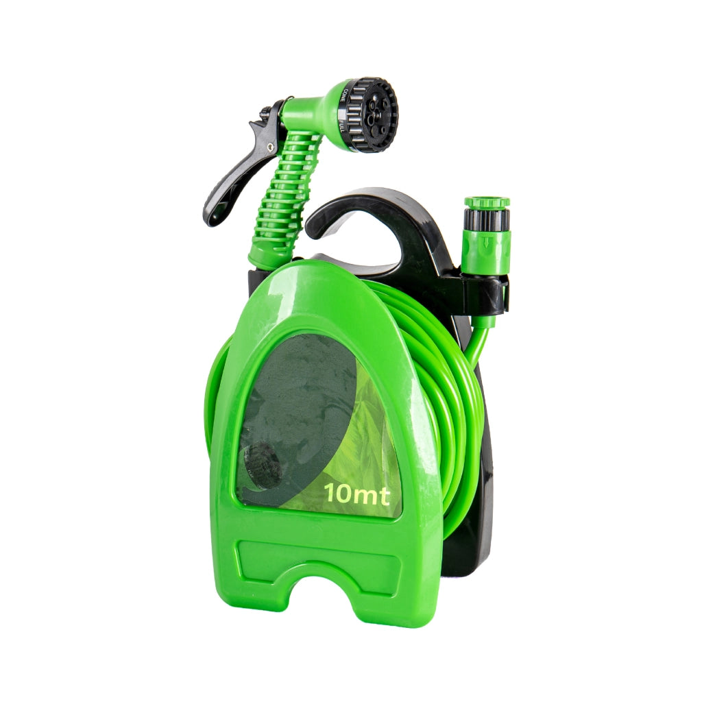 Tubo Irrigazione con Supporto Avvolgitubo e Pistola Multifunzione 10 m / 15 m Kit Irrigazione Compatto da Giardino con Raccordi 10 Metri
