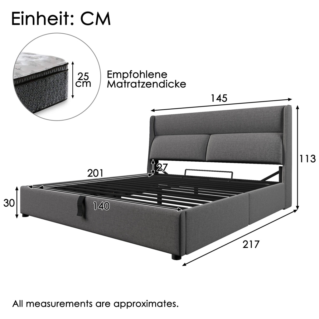 Letto matrimoniale contenitore 140x200 cm con testiera regolabile e materasso a molle; lino grigio