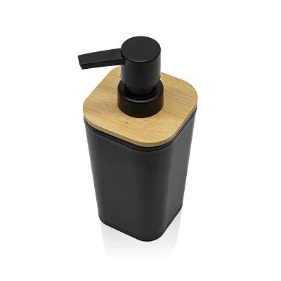 Dispenser sapone in finitura nera opaca con dettagli in bambù