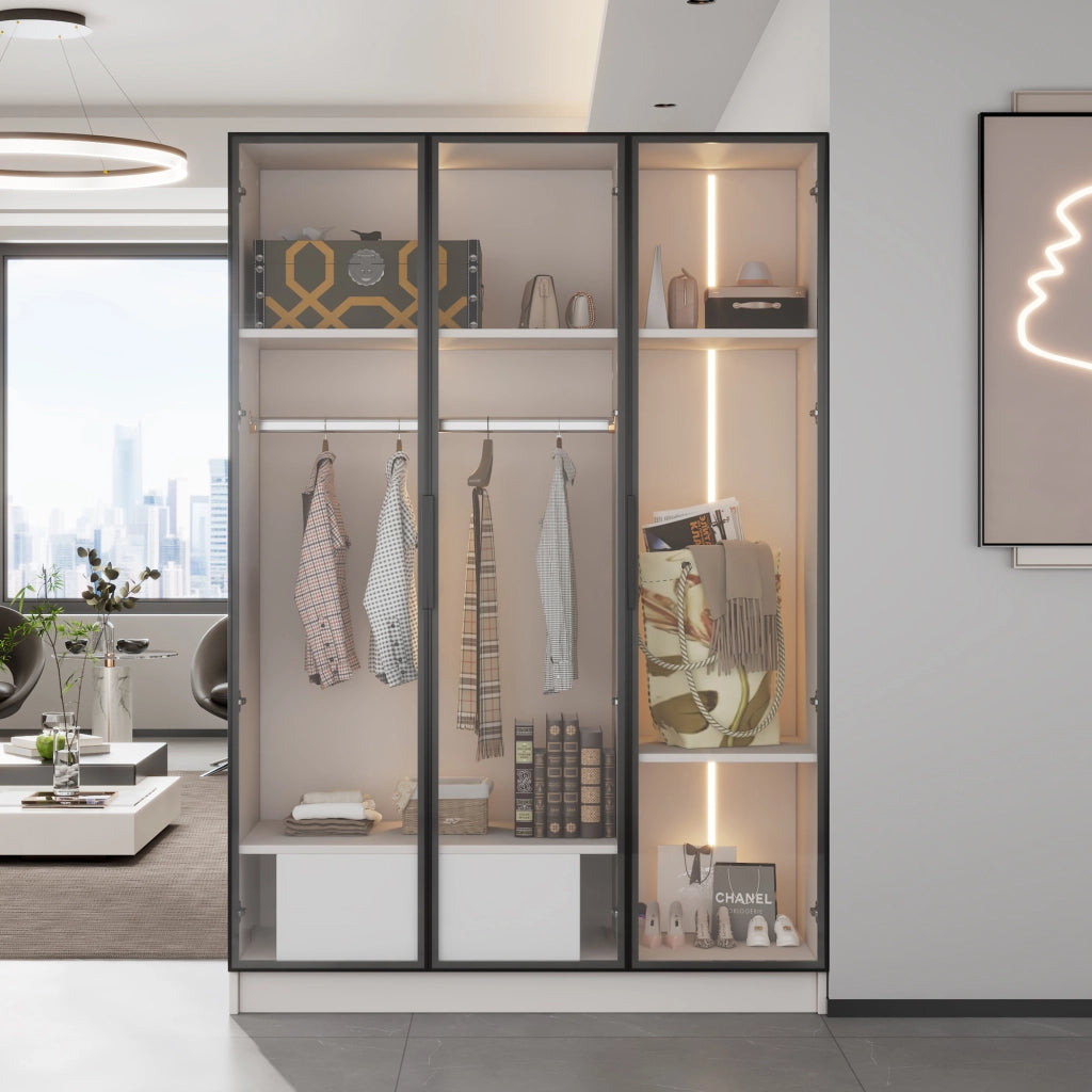 Armadio Bianco con 3 Porte in Vetro, Cassetto e Appendiabiti LED ¨C Xylo ¨C 110x50x160 cm