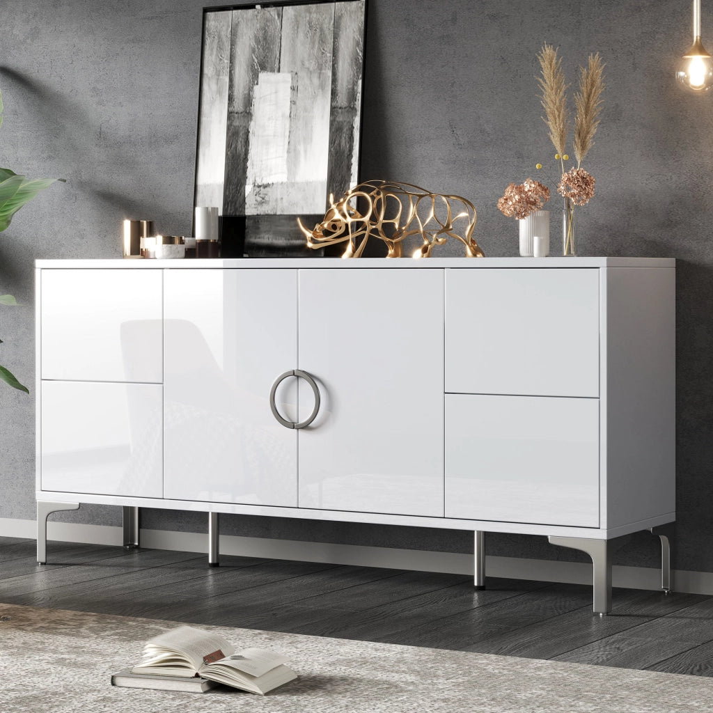 Sideboard 150 ¡Á 38 ¡Á 59,5 cm, bianco lucido, con 4 cassetti e 2 ante, struttura in MDF e piedi in metallo