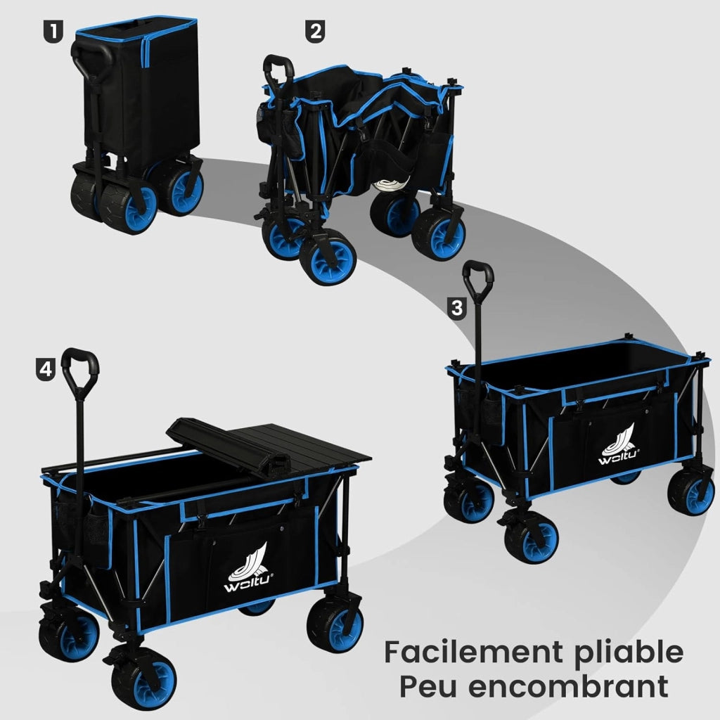 Carrello Pieghevole con Ruote da Spiaggia con Piano e Maniglia, Carrello da Giardino, Campeggio, Spesa, Borsa di Trasporto, Oxford+Acciaio, Nero+Blu