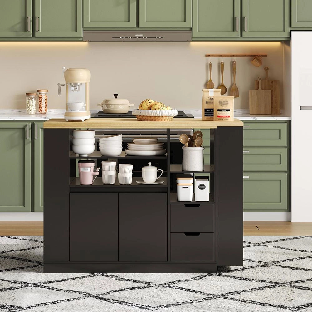 Isola cucina con piano scorrevole - Xylo - 115 cm - 3 lati ripiani, 2 cassetti, bar caff¨¨