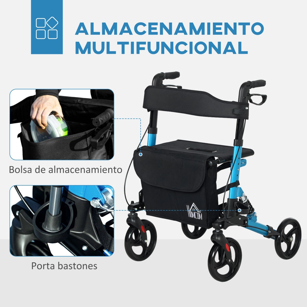 Andatore per Anziani Pieghevole con Sedile e 4 Ruote ¨C zephmum ¨C Altezza Regolabile, Freni a Mano, Blu e Nero