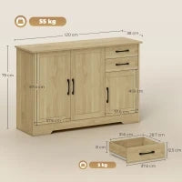 Credenza Moderna con 3 Porte, 2 Cassetti e Ripiano Regolabile 120x38x79 cm Legno Naturale