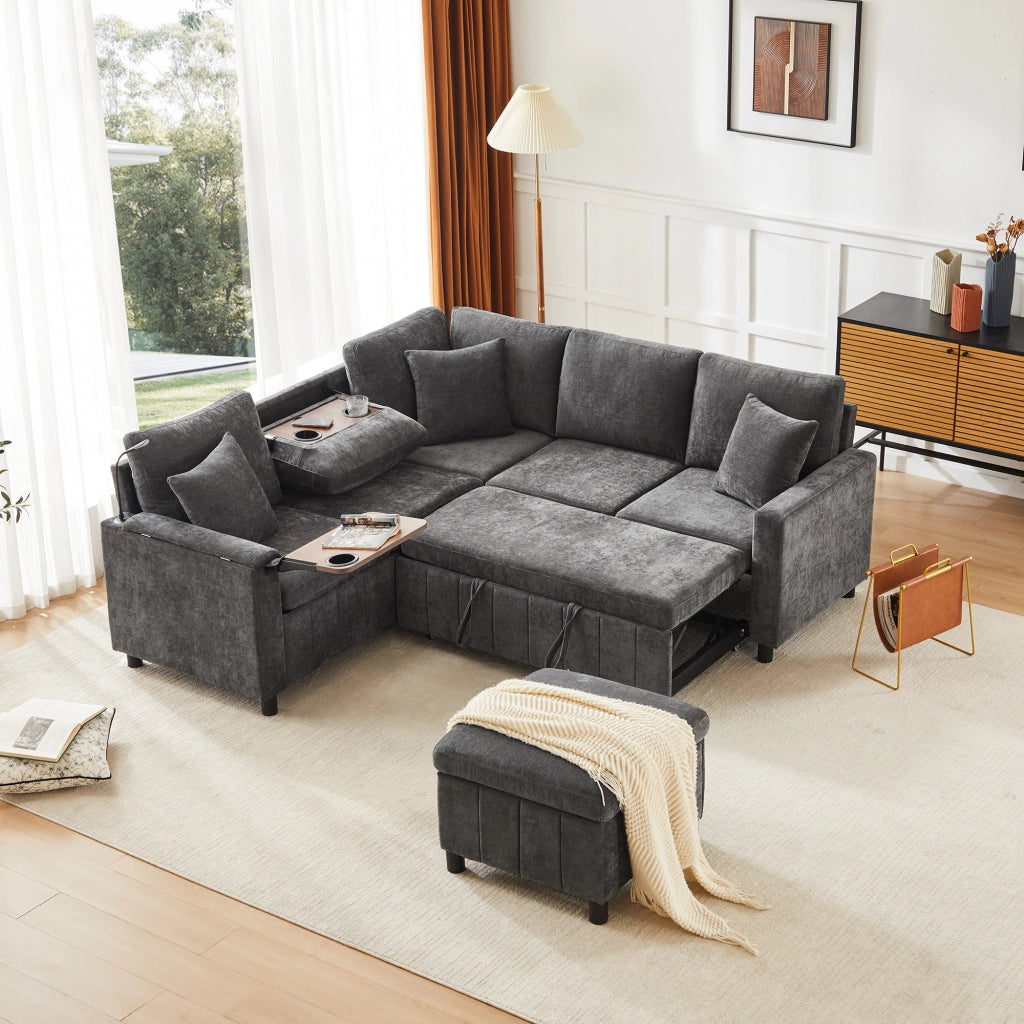 Divano angolare convertibile con vano contenitore, lampada da lettura, USB e Type C, in Chenille, Grigio