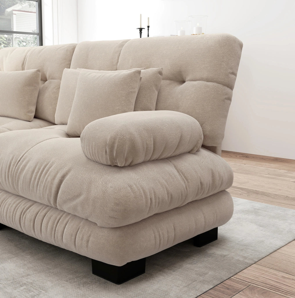 Divano angolare modulare 220x145x81 cm in chenille marrone chiaro, con 2 pouf –