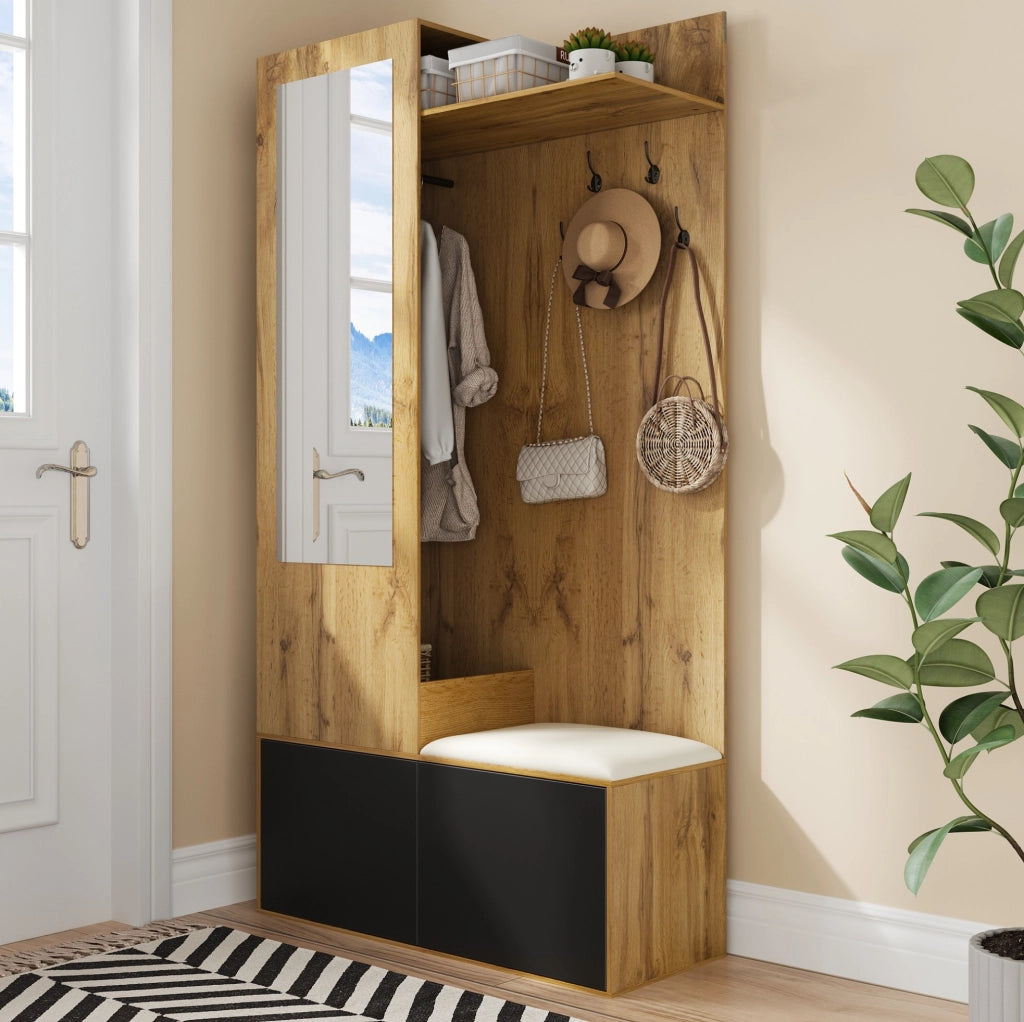Mobile ingresso con specchio; scarpiera e panca 100x38x191 cm in MDF nero e naturale