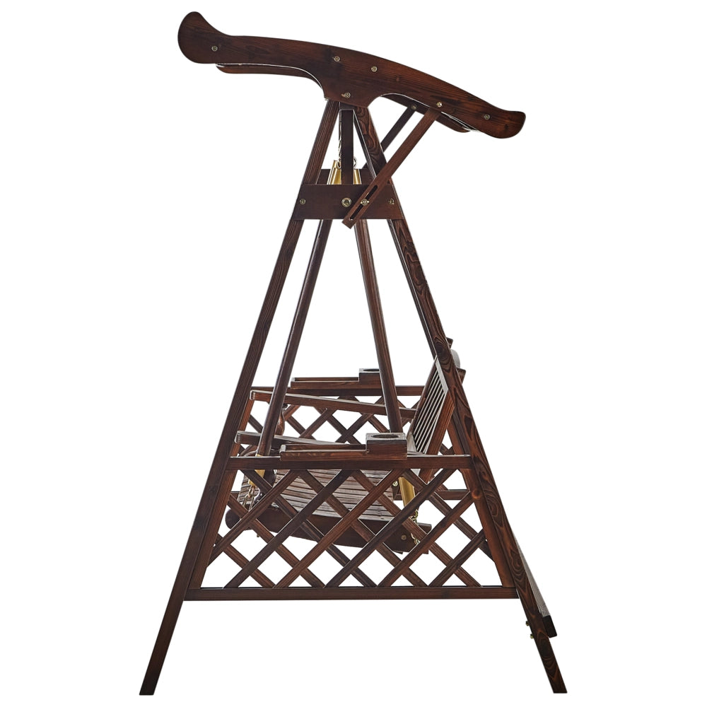 Dondolo da giardino in legno massiccio scuro con baldacchino stile tradizionale rustico