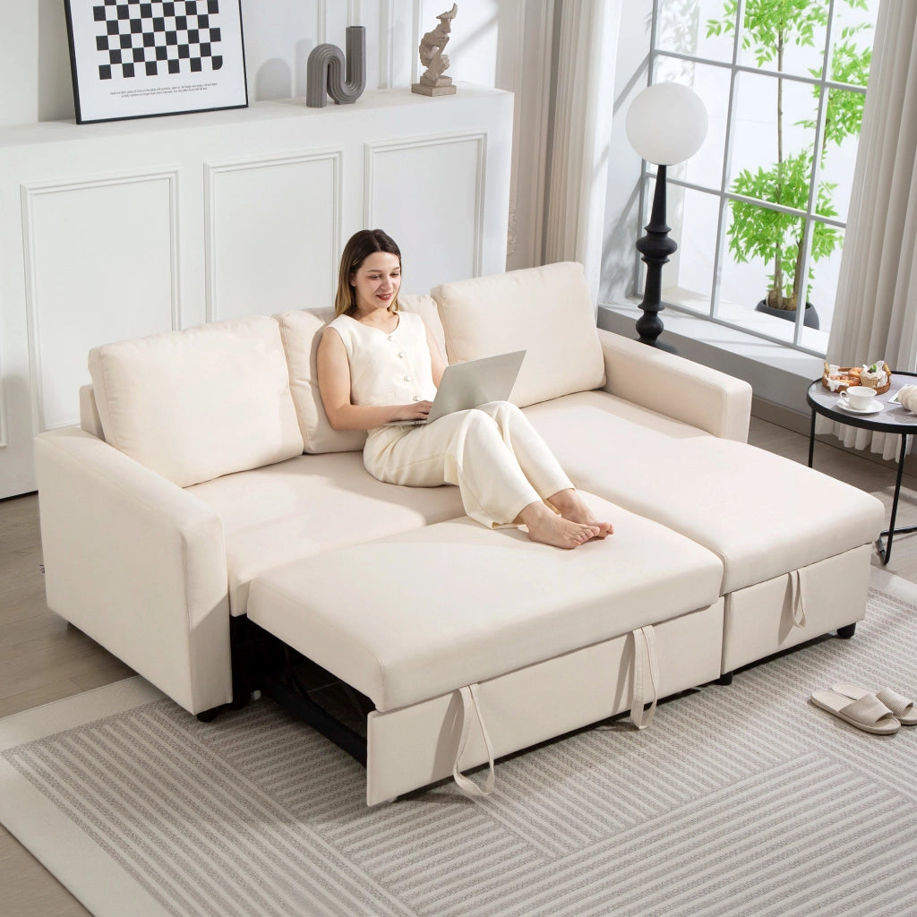 Divano angolare convertible con penisola reversibile, contenitore e cuscini ¨C Xylo ¨C Crema