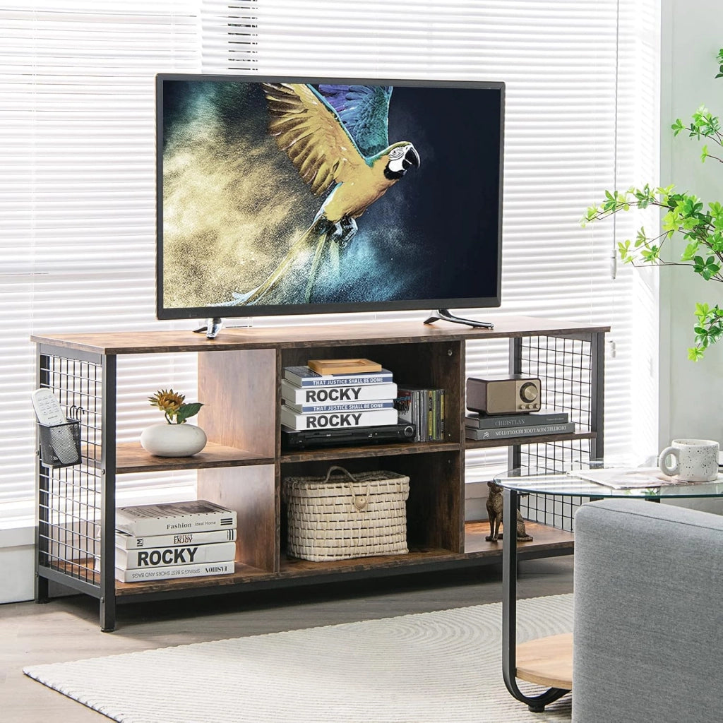 Mobile TV, mobile TV, mobile TV, supporto per TV fino a 65 pollici, cassettiera bassa, in legno con scomparti aperti e cestino portaoggetti, mensola TV industriale 140 x 40 x 63 cm