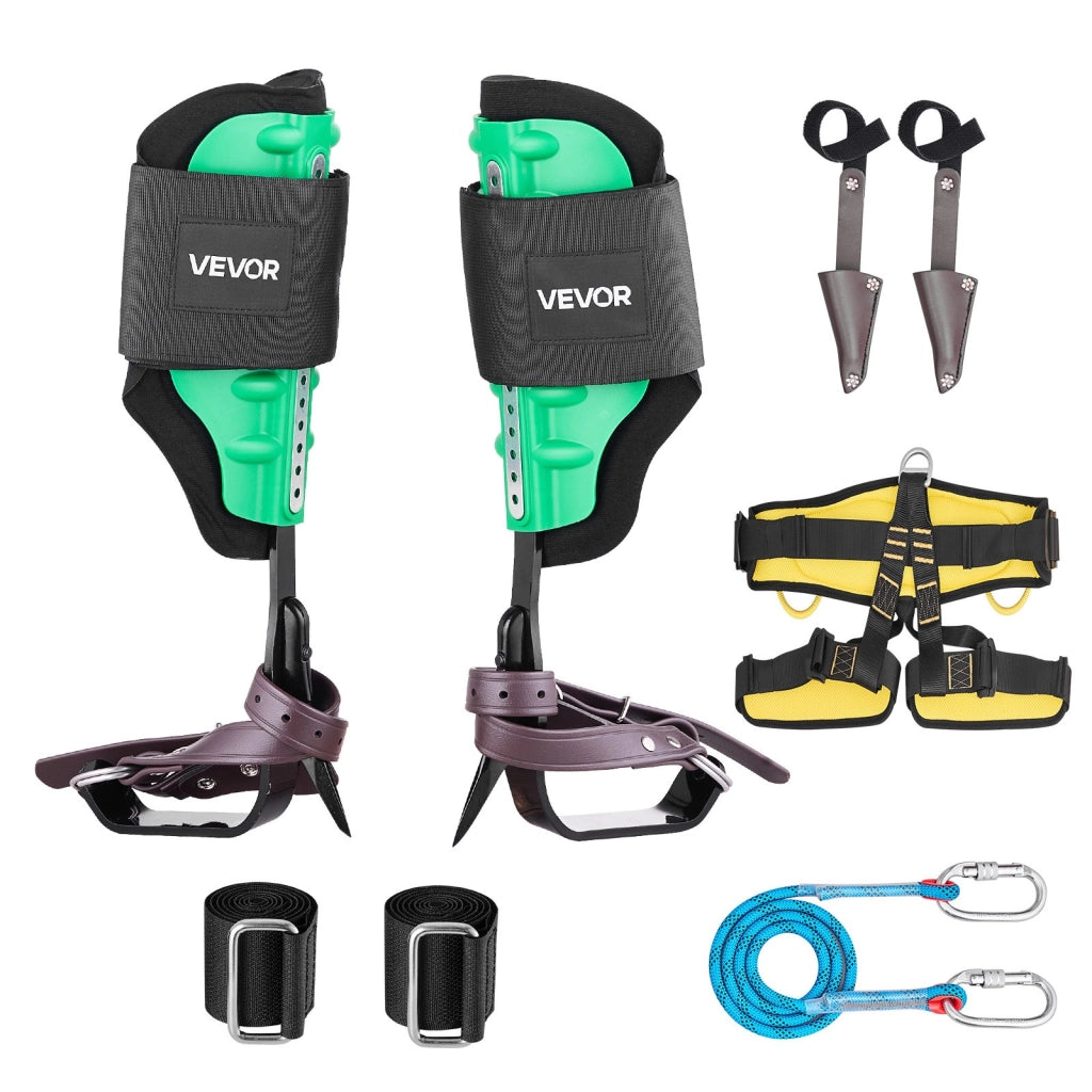 Set Speroni da Arrampicata sugli Alberi ROPE-G-009 in Acciaio Verde Regolabile con Cinghie e Corda Carico 159 kg
