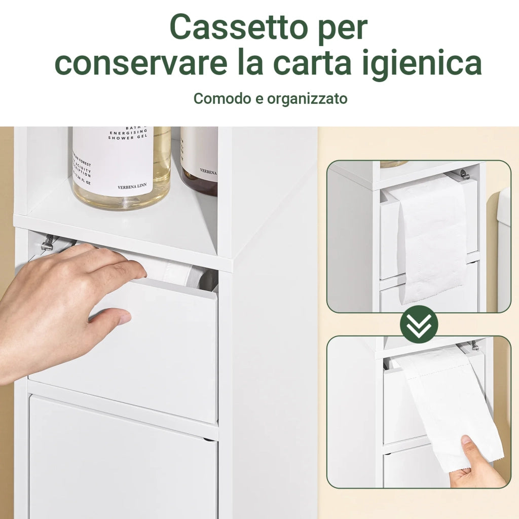 SoBuy BZR34-K-W Mobile Bagno Salvaspazio Colonna Alta Mobiletto Bagno Stretto con Anta e Cassetto Armadietto Bagno Multiuso Mobile Alto per Lavanderia e WC 20x20x145cm