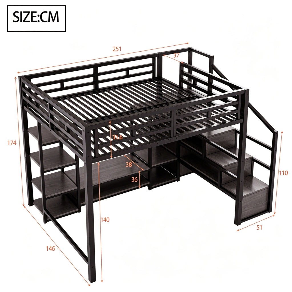 Letto a soppalco 140x200 con supporto TV, presa integrata e scala contenitore