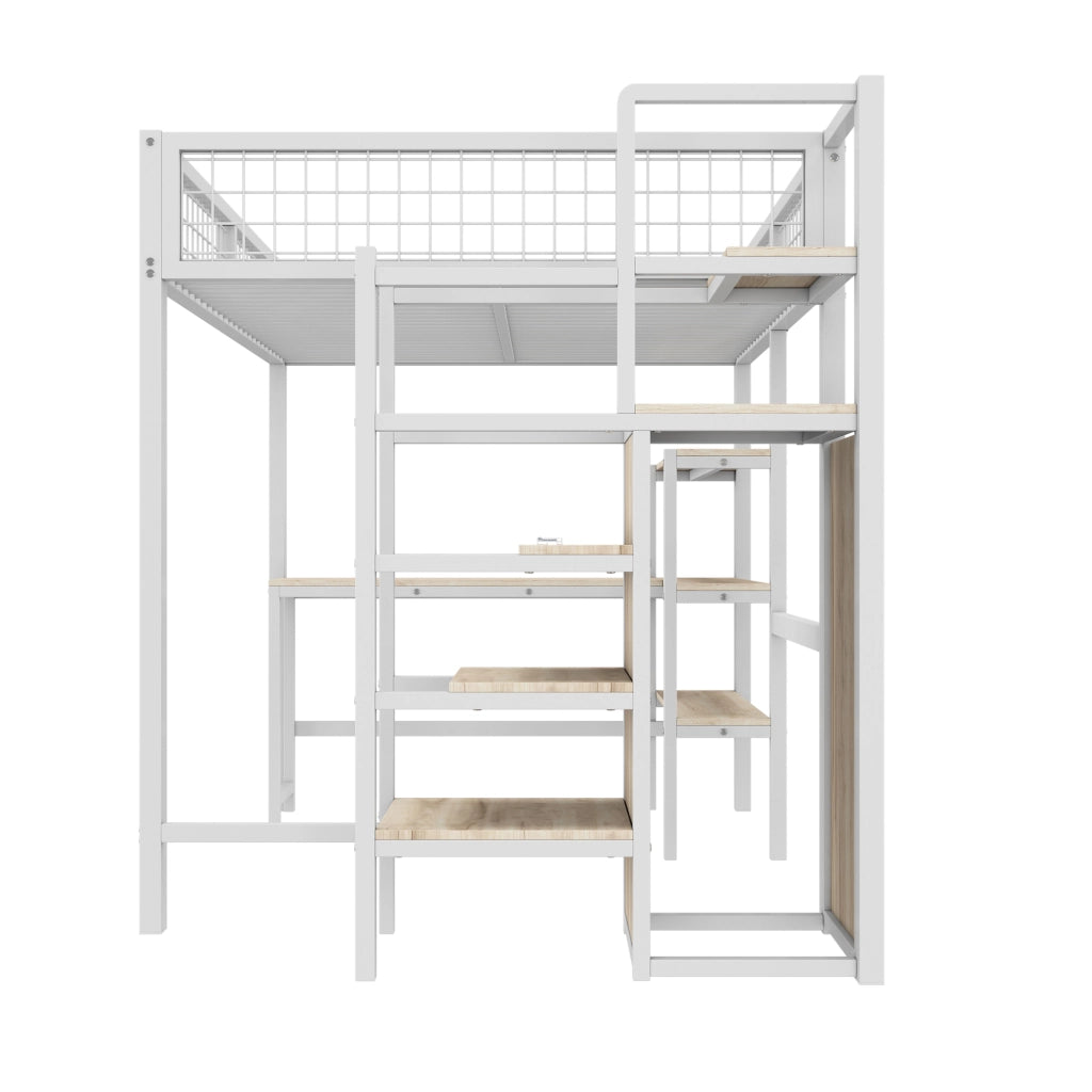 Letto a soppalco 140x200 cm in metallo e MDF, con scrivania, ripiani e armadio, bianco