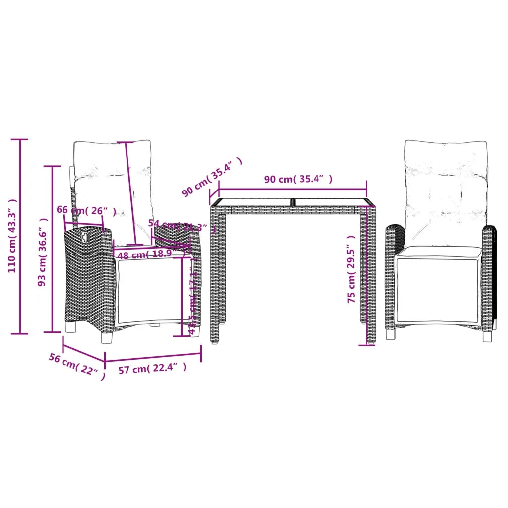 Set da Pranzo da Giardino 3 pz | Set Salotto da Giardino con Cuscini Nero in Polyrattan