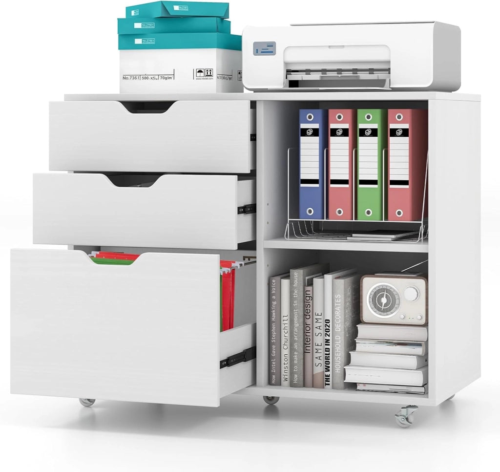 Cassettiera Ufficio, Mobiletto Rimovibili in Legno con 3 Cassetti Regolabili, 2 Scomparti e Ruote con Freno, Credenza Multiuso per Soggirno e Ingresso (Bianco)