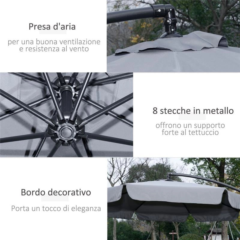 OMBRELLONE DA GIARDINO A BRACCIO CON APERTURA A MANOVELLA E INCLINABILE GRIGIO