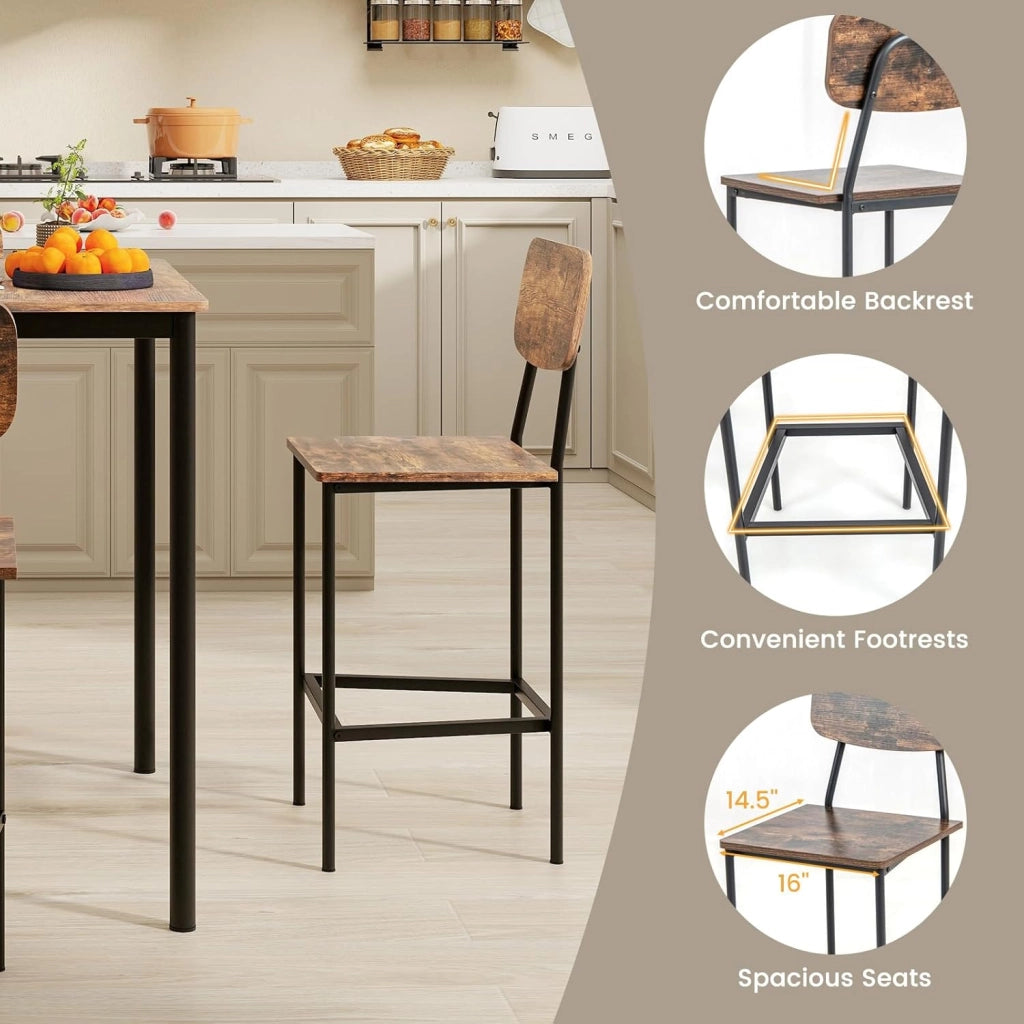 Set Tavoli da Pranzo a 5 Pezzi, Tavolo Alto e 4 Sgabelli da Bar con Poggiapiedi e Schienale, Finiture con Venature di Legno, Gambe di Metallo, Set Mobili Salvaspazio per Bar (Industriale)
